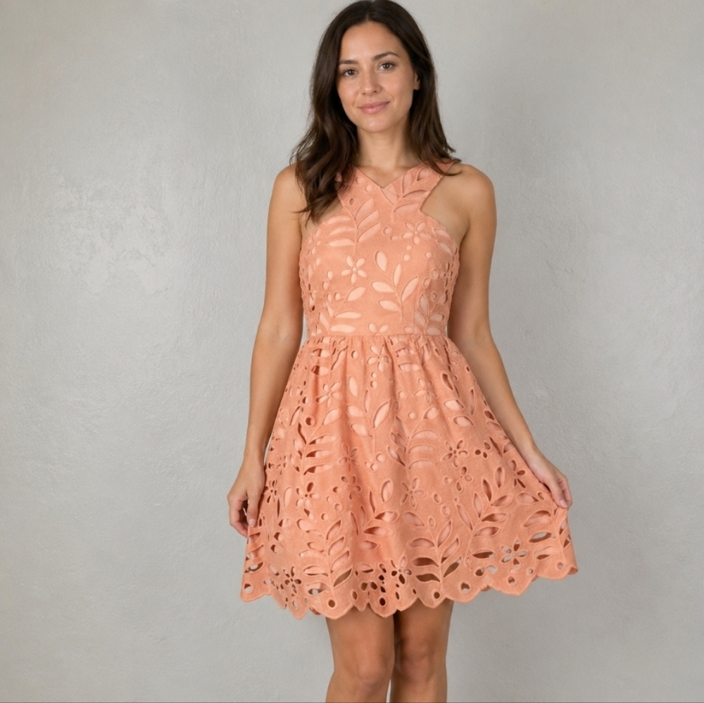 Dee Elly peach floral eyelet sleeveless dress Small